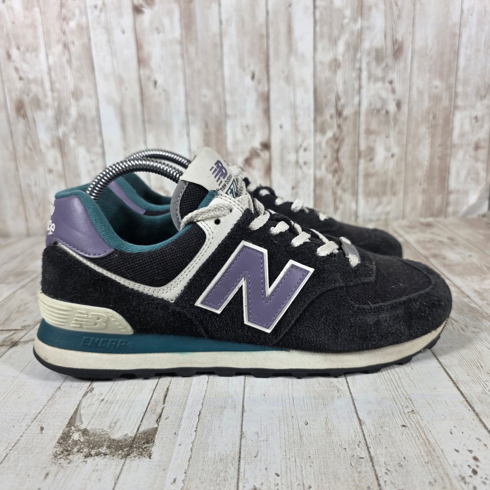 New Balance 574 Mens Black Purple‎ Teal Suede Mesh Sneakers U574LV2 Size 7.5